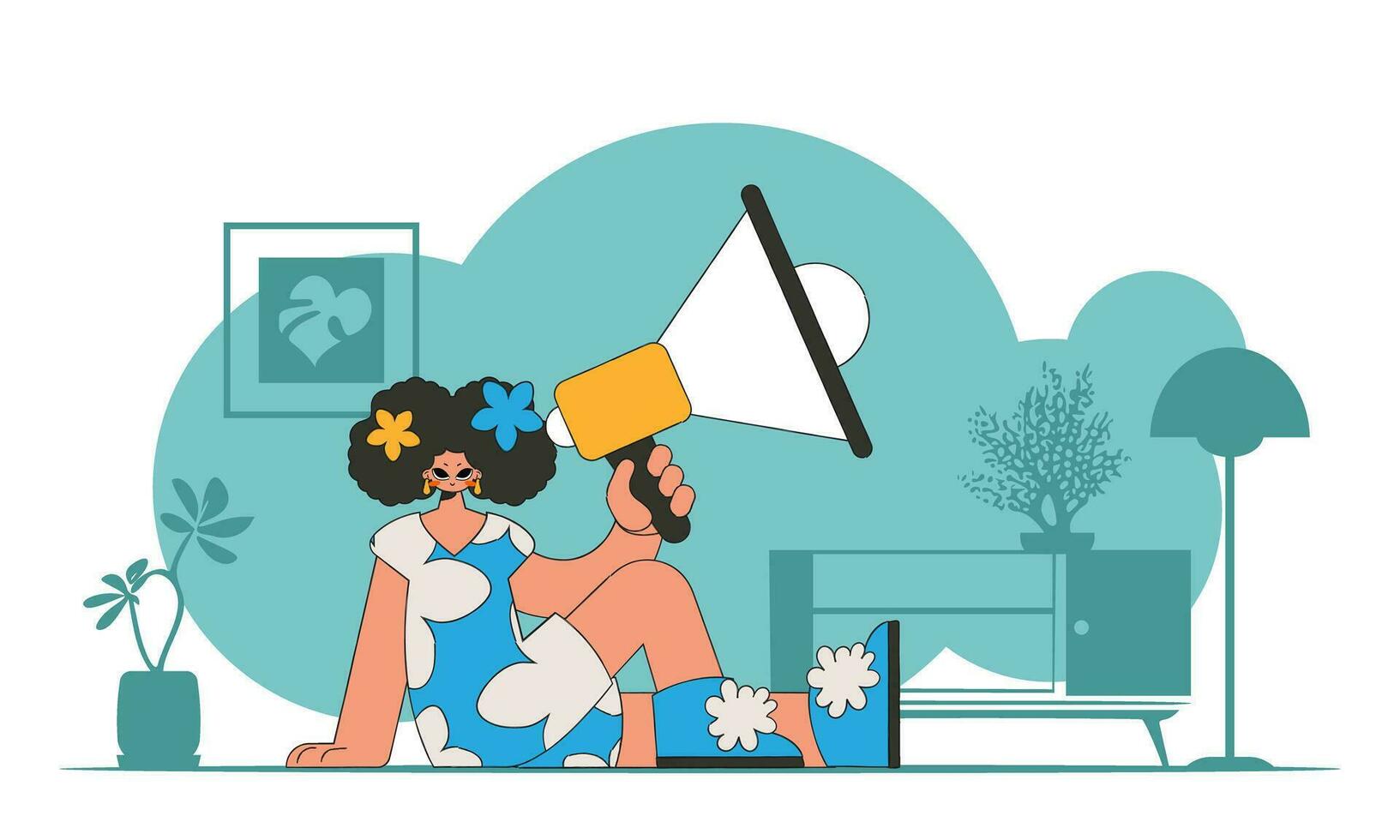 vecteur illustration de une Humain Ressources spécialiste. un attrayant femme est assis sur le sol et détient une mégaphone dans sa main.
