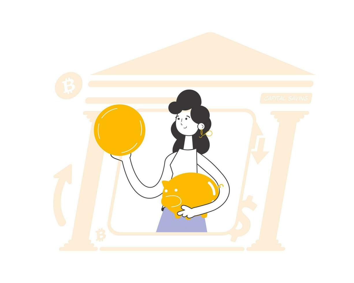 une femme détient une pièce de monnaie et une porcin banque dans sa mains. le thème de économie argent. linéaire moderne style. vecteur
