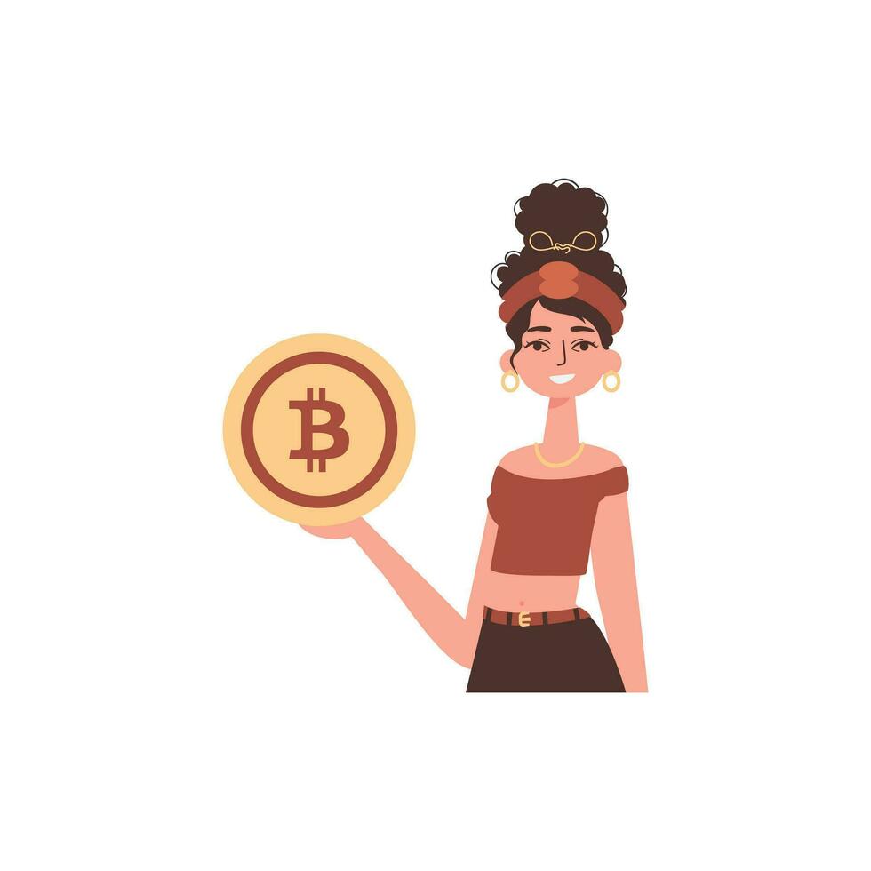 le fille est en portant bitcoin dans sa mains. personnage dans branché style. vecteur