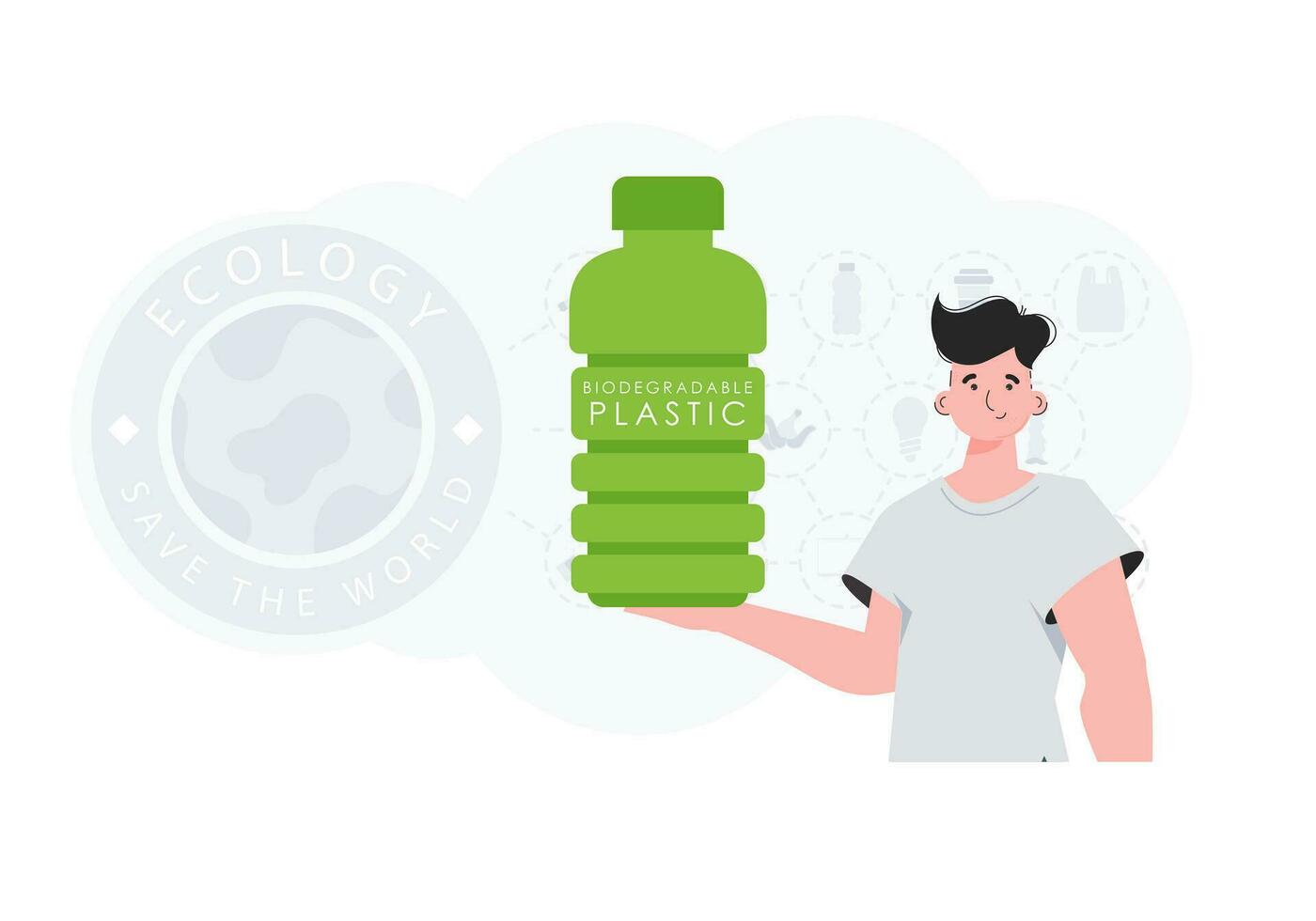 le concept de écologie et se soucier pour le environnement. le gars détient une bouteille de biodégradable Plastique dans le sien mains. mode tendance vecteur illustration.