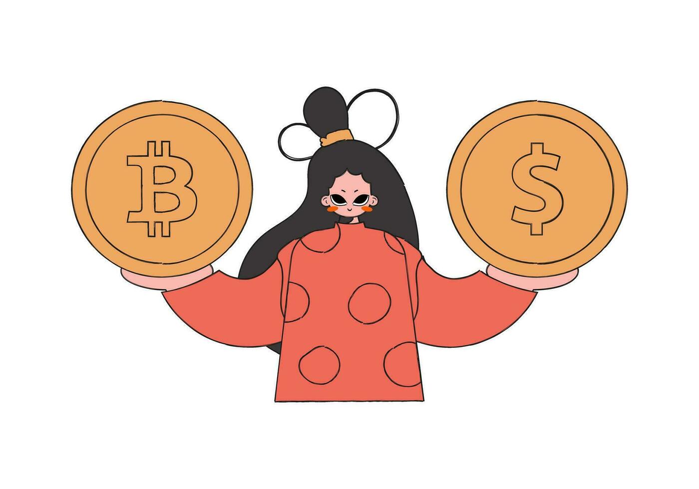 femme en portant dollar et bitcoin pièce de monnaie. rentrer style personnage. vecteur