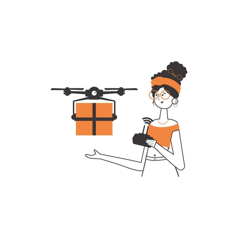 le fille livre le paquet par drone. le concept de cargaison livraison par air. linéaire branché style. isolé sur blanc Contexte. vecteur illustration.