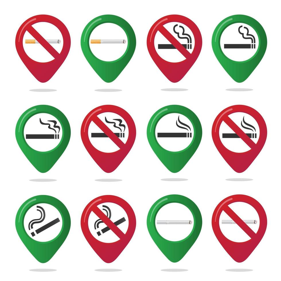 16 signe d'icône d'épingle de carte de marqueur de zone non fumeur et fumeur serti de cigarette à gradient de conception plate dans le cercle rouge interdit symbole de la zone fumeurs dans les applications de carte isolées sur fond blanc. vecteur