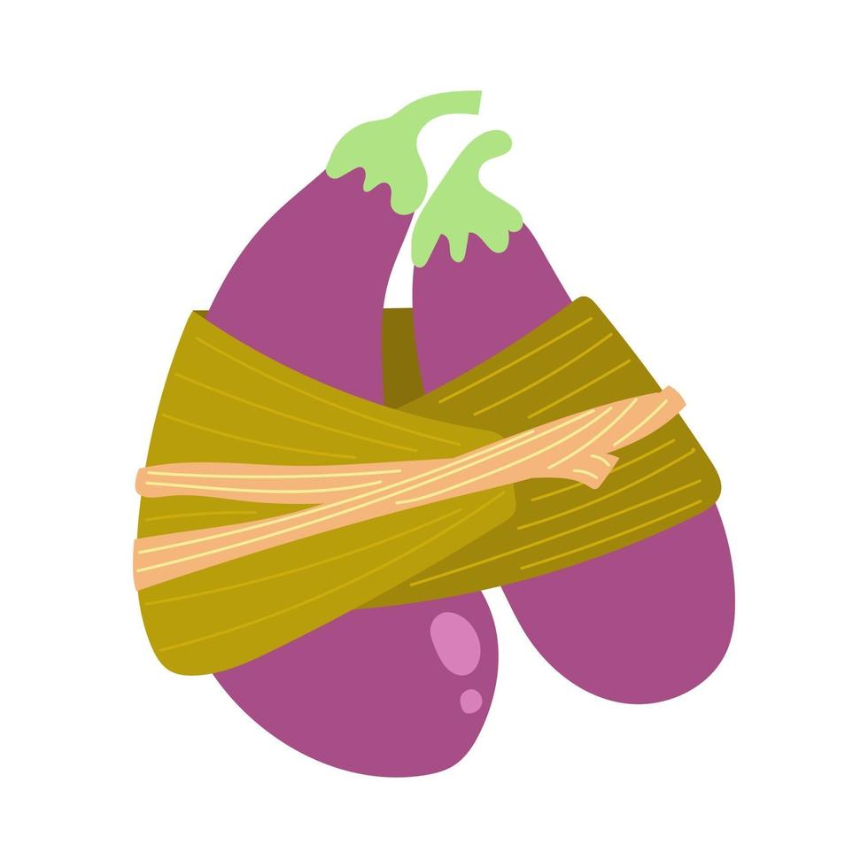 aubergine dessinée à la main emballée dans des feuilles de bananier, emballage écologique, pas de concept plastique. illustration plate. vecteur