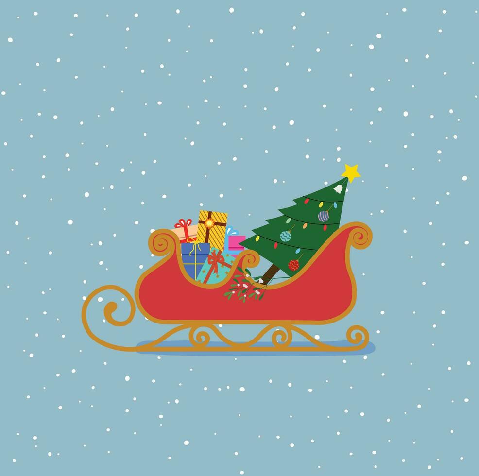 traîneau avec Noël arbre et cadeaux sur il illustration plat vecteur dans dessin animé style. neige sur Contexte. noël et Nouveau année concept. saison génial.