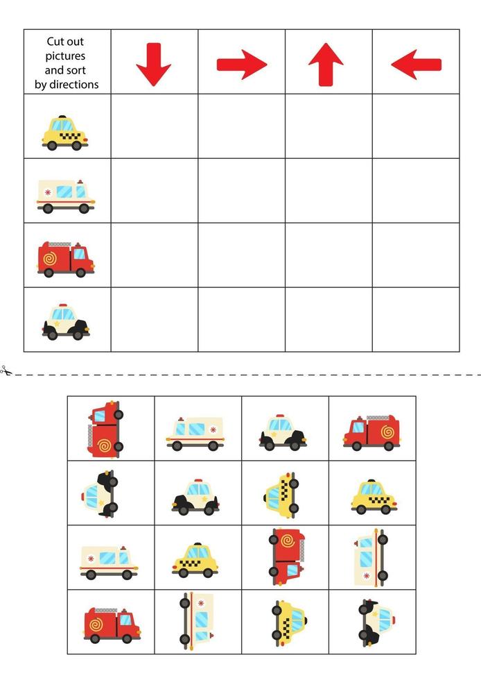 couper et coller les moyens de transport des cartes. gauche, droite, haut, bas. vecteur