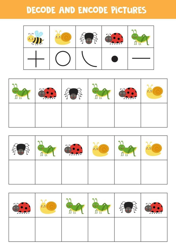 décoder et encoder des images. écrivez les symboles sous les insectes mignons. vecteur