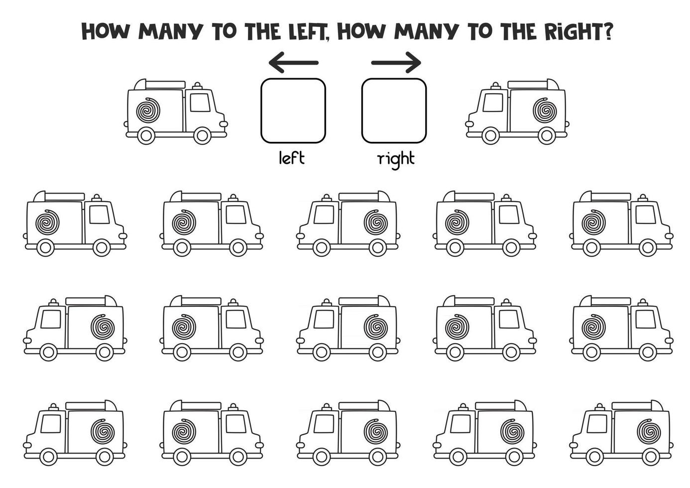 gauche ou droite avec camion de pompiers noir et blanc. feuille de travail logique pour les enfants d'âge préscolaire. vecteur