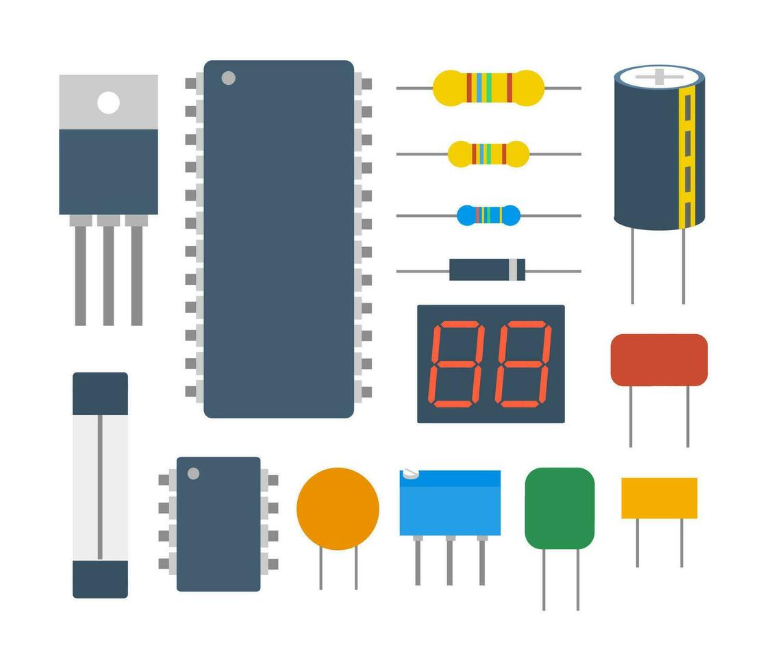 électronique Composants ensembles. micropuces, condensateurs, résistances, fusible, et plus. vecteur illustration