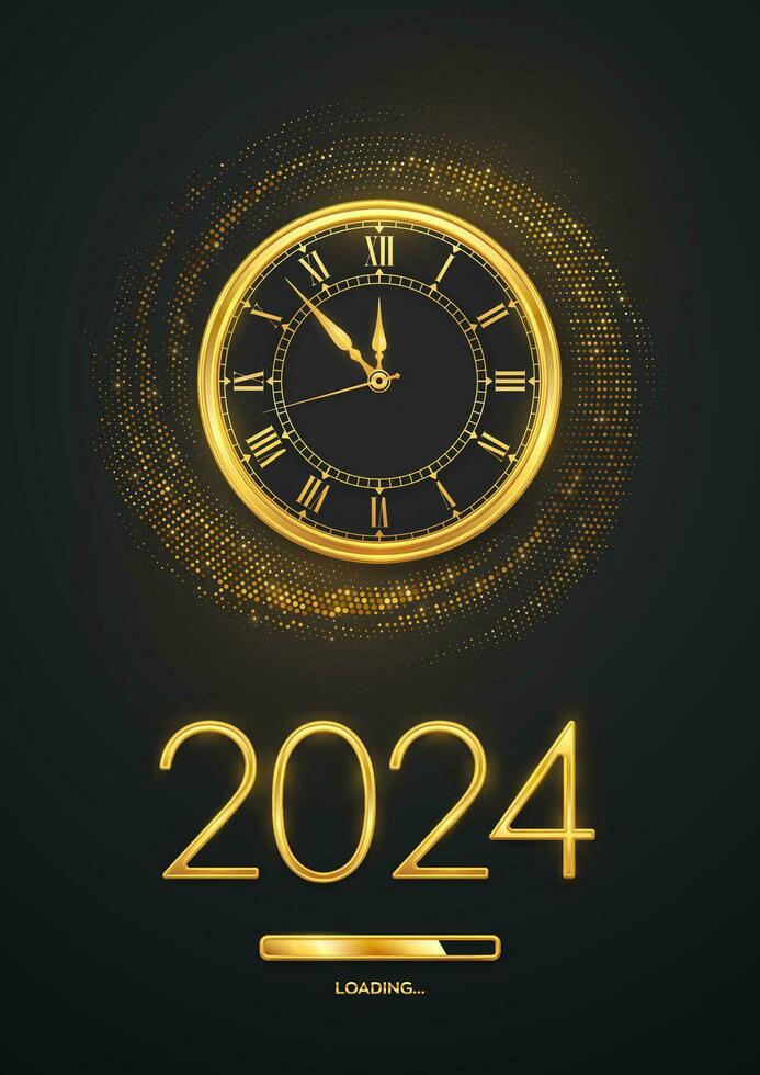 content Nouveau année 2024. d'or métallique Nombres 2024, or regarder avec romain numéral et compte à rebours minuit avec chargement bar sur chatoyant Contexte. éclatement toile de fond avec brille. vecteur illustration.