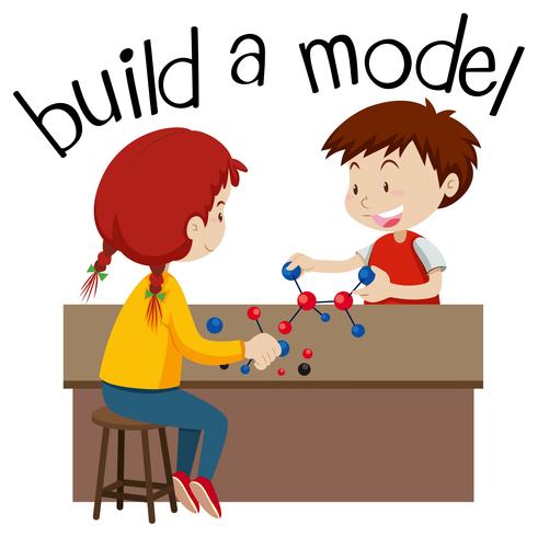 Wordcard pour construire un modèle avec deux enfants qui jouent vecteur