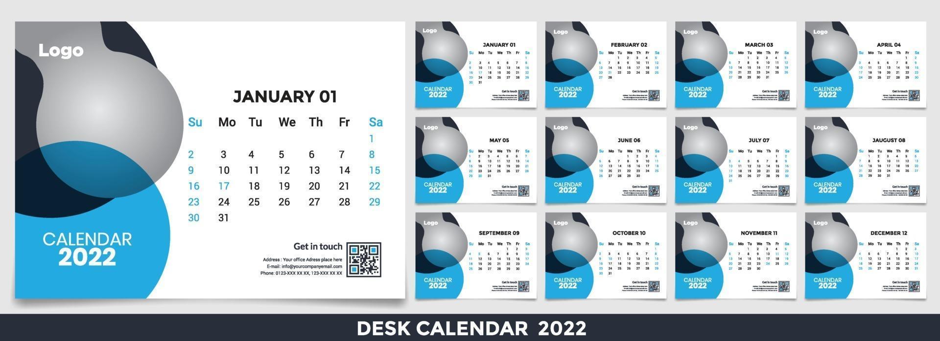 calendrier 2022, définir la conception du modèle de calendrier de bureau avec place pour la photo et le logo de l'entreprise. la semaine du lundi au dimanche. lot de 12 mois vecteur