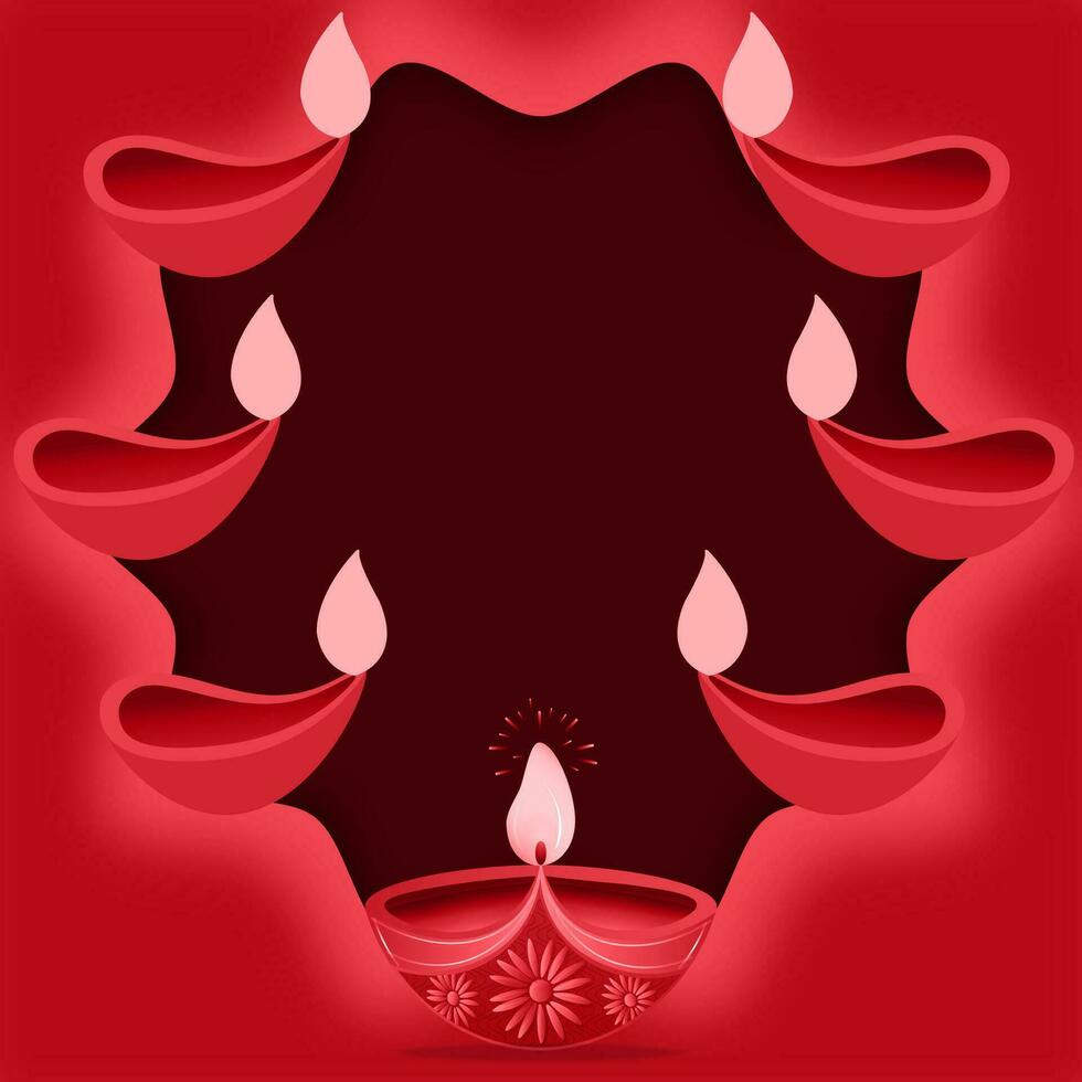 content diwali salutation carte. magnifique diwali diya avec espace pour texte sur rouge Contexte. vecteur illustration.