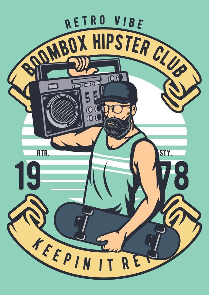 badge vintage boombox hipster, conception de badge rétro vecteur