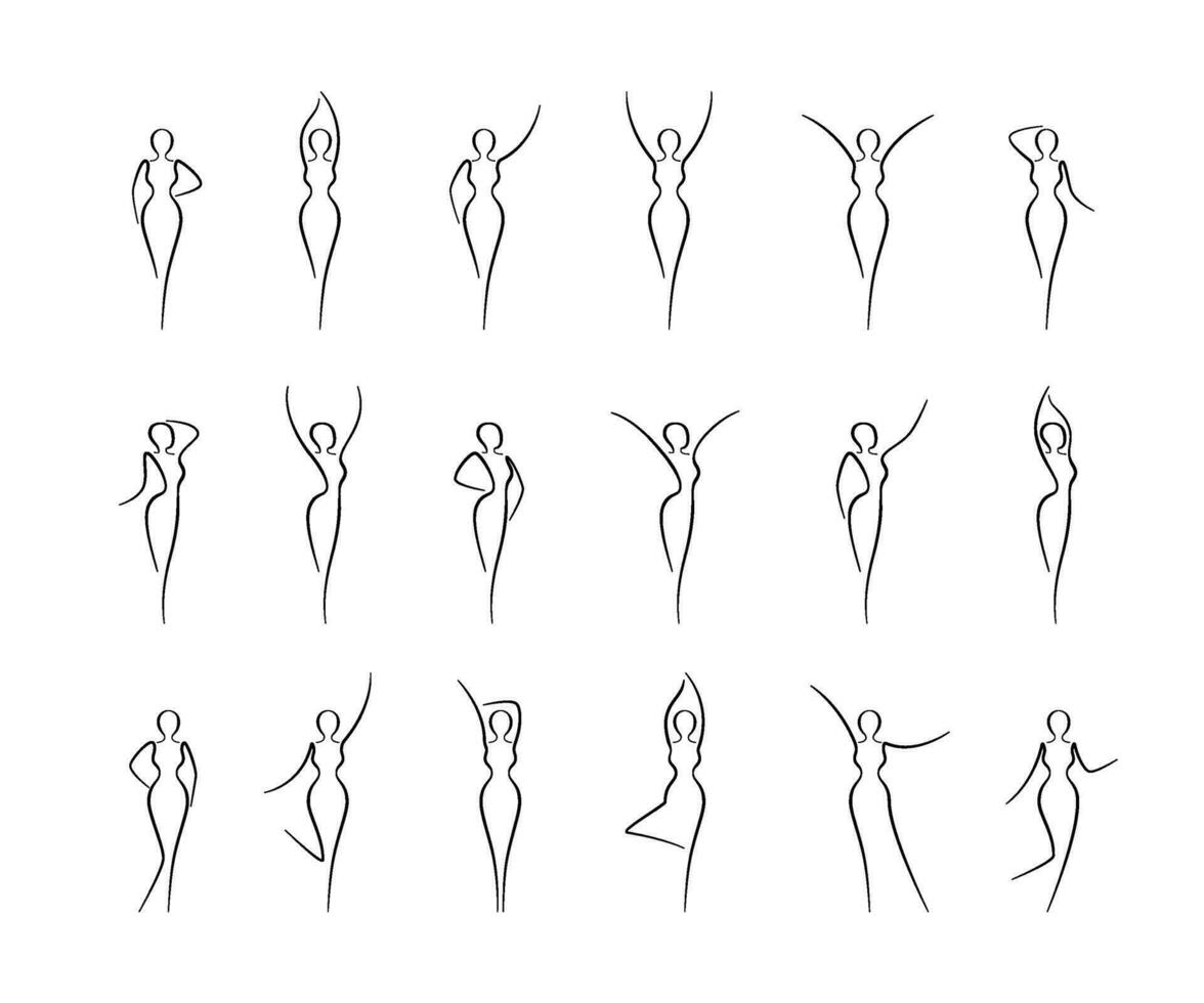 femme corps esquisser, ligne art Icônes ensemble. divers femelle pose contour silhouettes, modèle, chiffre. abstrait signe de fille pour bien-être centre, sport, danse, beauté salon et spa. vecteur illustration