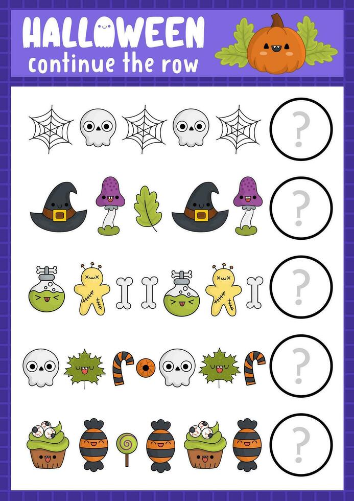 quoi vient suivant. Halloween correspondant à activité pour préscolaire les enfants avec traditionnel vacances symboles. marrant kawaii puzzle. l'automne Samhain fête logique feuille de travail. continuer le rangée Jeu vecteur