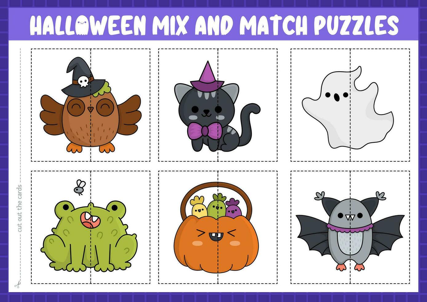 vecteur Halloween mélanger et rencontre puzzle avec mignonne kawaii personnages. correspondant à Samhain fête activité pour préscolaire enfants. éducatif imprimable Jeu avec hibou, chauve souris, fantôme, citrouille lanterne