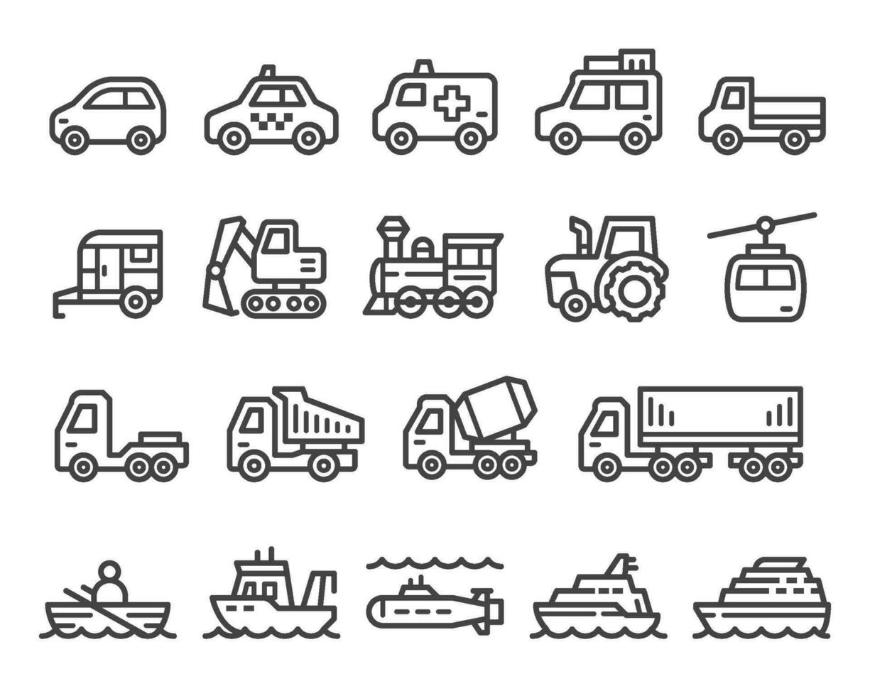 véhicule ligne icône ensemble, vecteur et illustration