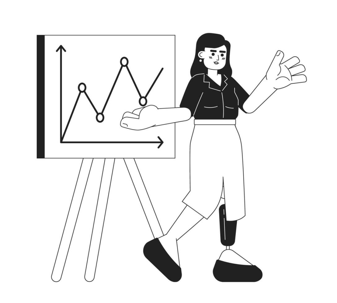 prothèse jambe femme avec présentation tableau blanc noir et blanc 2d dessin animé personnage. désactivée femelle Bureau ouvrier montrant graphique isolé vecteur contour personne. monochromatique plat place illustration