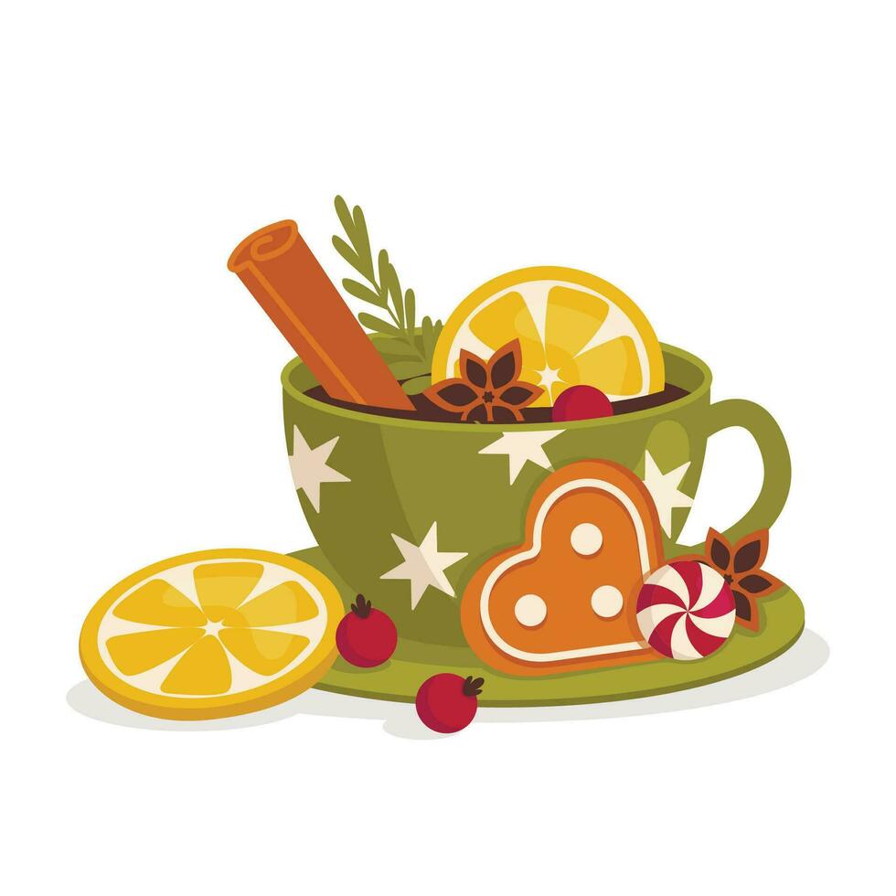 Noël agresser avec chaud boire. cannelle, citron, anis, épices, pain d'épice, bonbons. vecteur graphique.