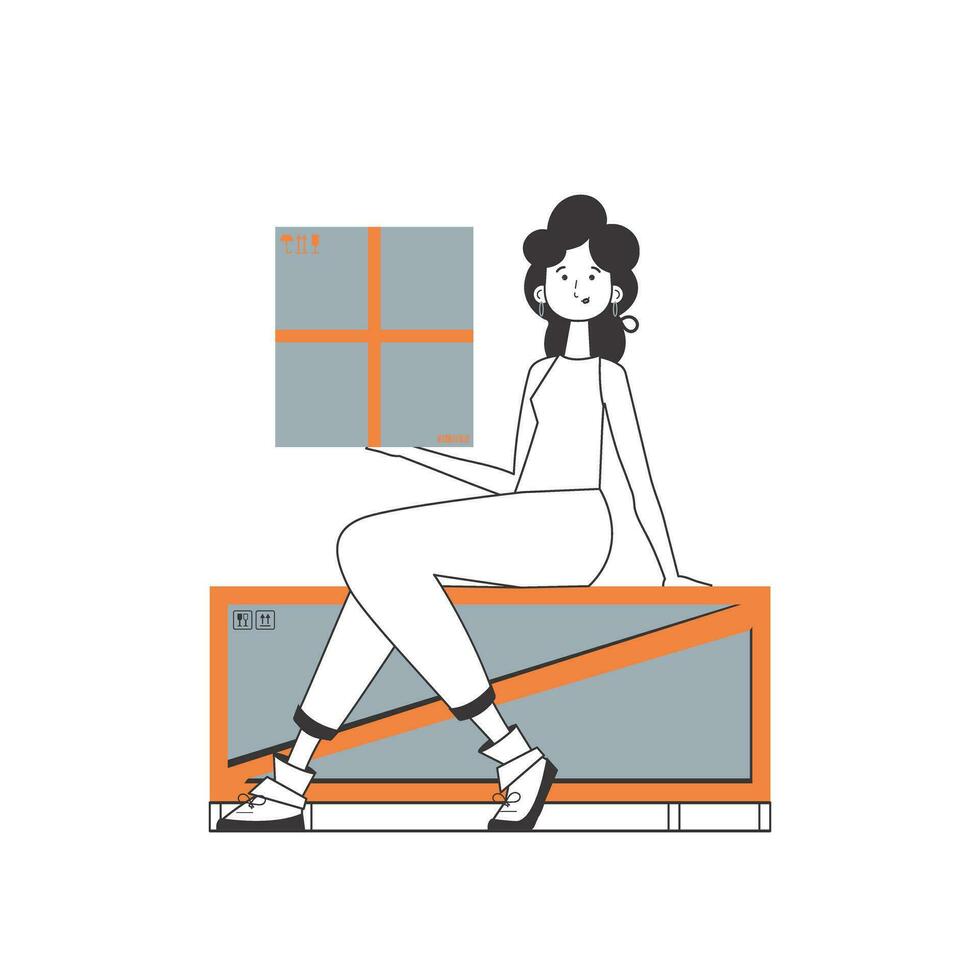 le femme est en portant une colis. livraison concept. linéaire branché style. isolé sur blanc Contexte. vecteur illustration.