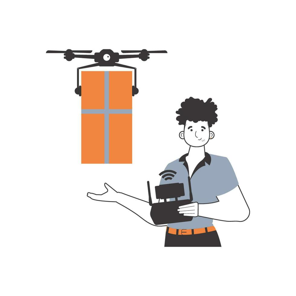 une homme livre une paquet par drone. drone livraison concept. linéaire style. isolé sur blanc Contexte. vecteur illustration.