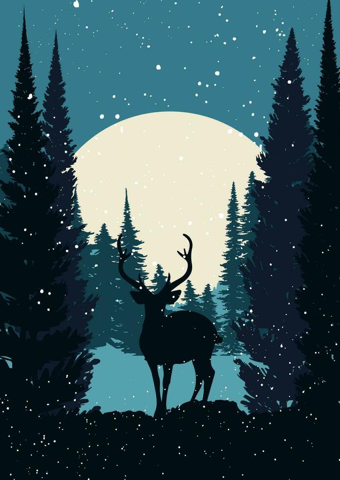 Noël carte avec neigeux paysage et cerf silhouette vecteur