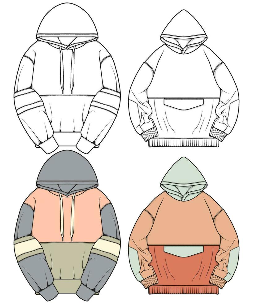 énorme sweat à capuche technique mode illustration avec détendu adapter, longue manches. plat vêtements d'extérieur sauteur vêtements modèle. femmes, Hommes, unisexe sweat-shirt Haut maquette vecteur