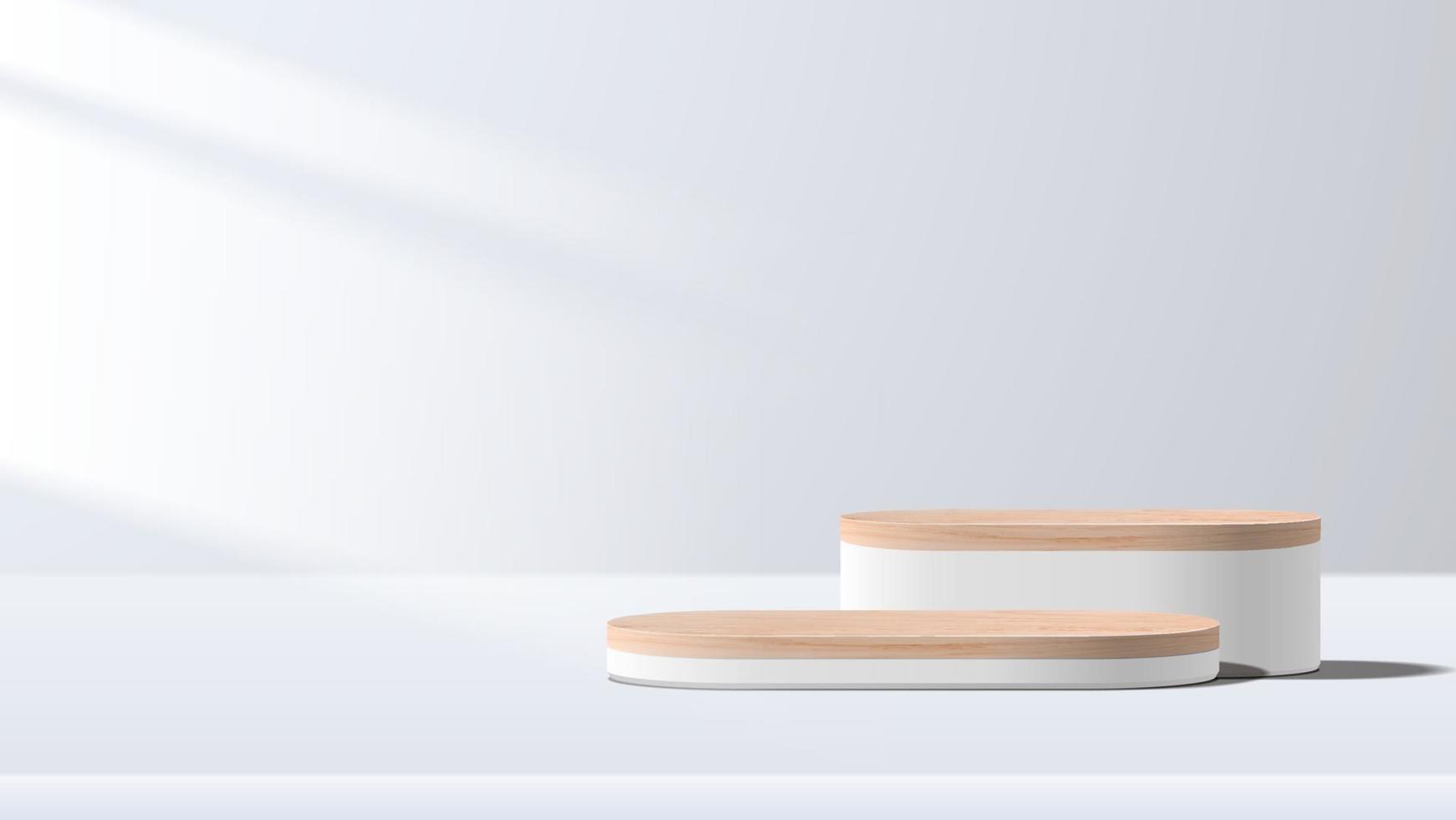 scène minimale abstraite avec des formes géométriques. podium en bois sur fond blanc. présentation du produit, maquette, exposition de produits cosmétiques, podium, piédestal de scène ou plate-forme. vecteur 3D
