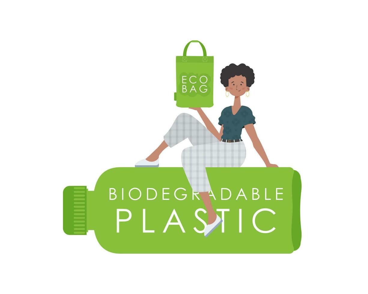 une femme est assis sur une bouteille fabriqué de biodégradable Plastique et détient un éco sac dans sa mains. concept de vert monde et écologie. isolé. tendance style.vecteur illustration. vecteur