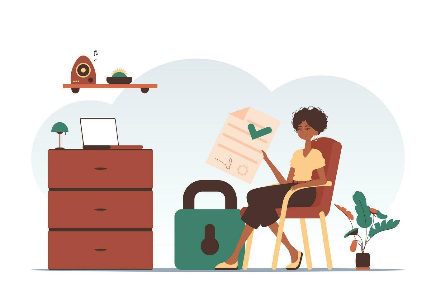 Les données protection concept. intelligent contracter. une femme est assis dans une chaise et détient une document dans sa mains. moderne branché style. vecteur