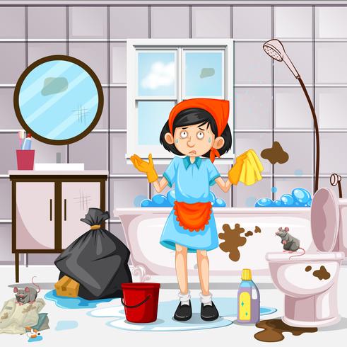 Une femme de ménage nettoyant sale salle de bain vecteur