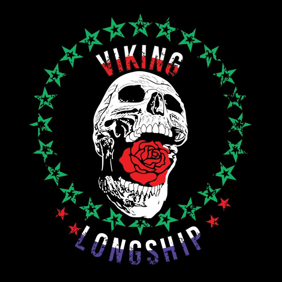 viking drakkar. crâne T-shirt conception avec une rouge Rose et une cercle de étoiles sur une noir Contexte. vecteur