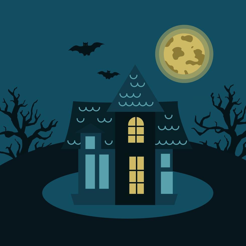 maison mystérieuse avec arbres, chauves-souris sur fond de lune. illustration vectorielle sombre pour halloween. vecteur