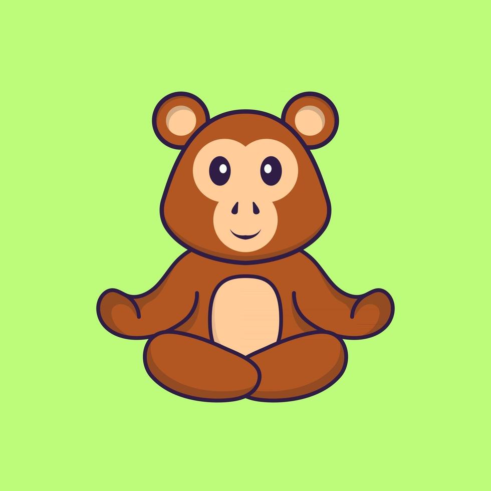 un singe mignon médite ou fait du yoga. concept de dessin animé animal isolé. peut être utilisé pour un t-shirt, une carte de voeux, une carte d'invitation ou une mascotte. style cartoon plat vecteur