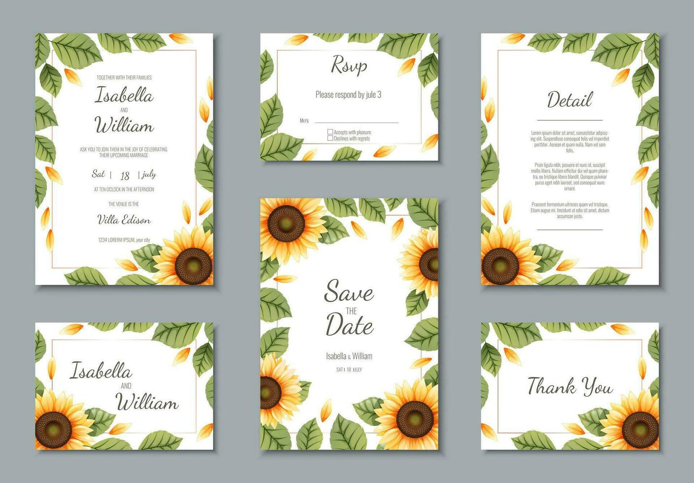 ensemble de mariage modèles, bannières, invitations pour le vacances.beautiful carte postale décor avec tournesol vecteur