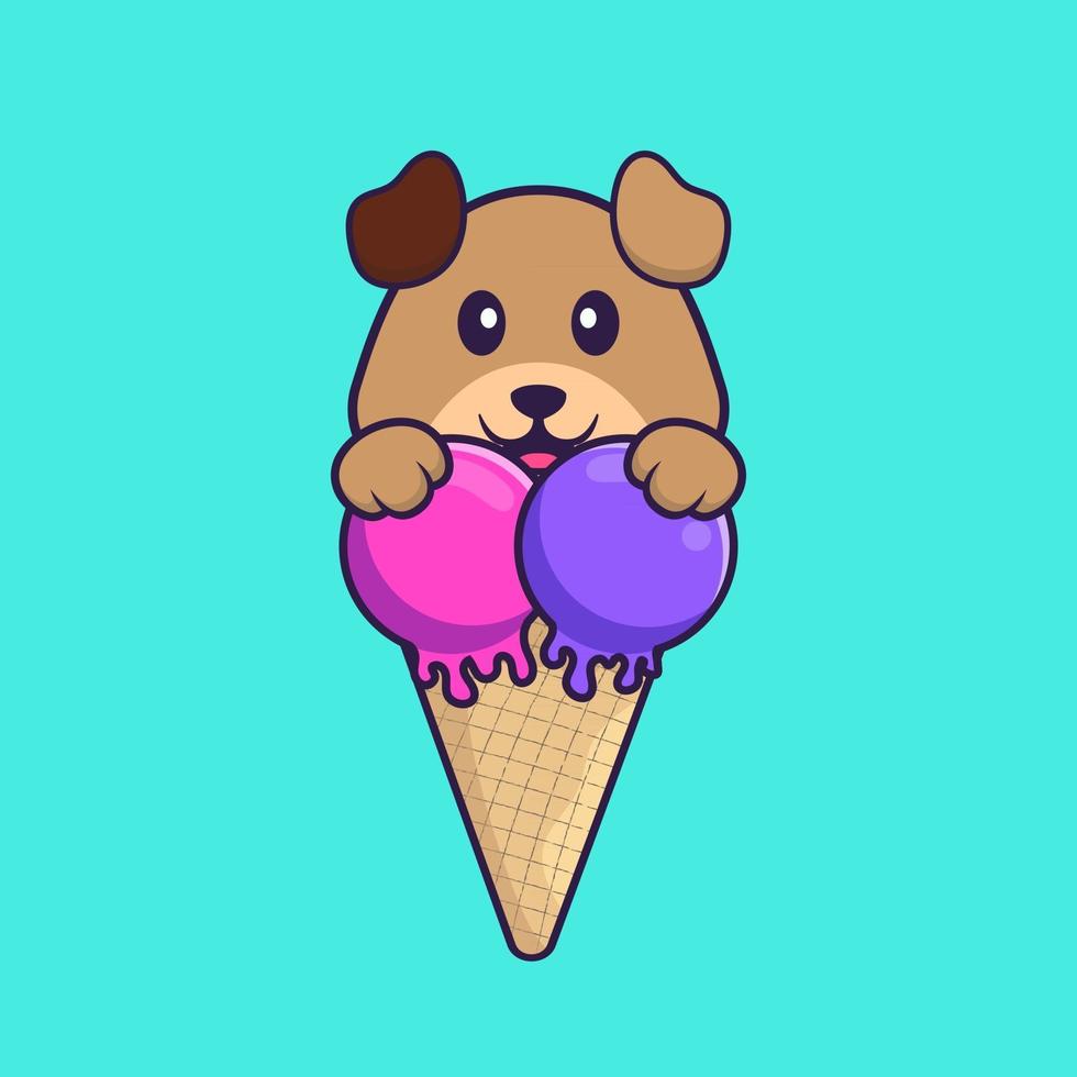 chien mignon avec de la crème glacée sucrée. concept de dessin animé animal isolé. peut être utilisé pour un t-shirt, une carte de voeux, une carte d'invitation ou une mascotte. style cartoon plat vecteur