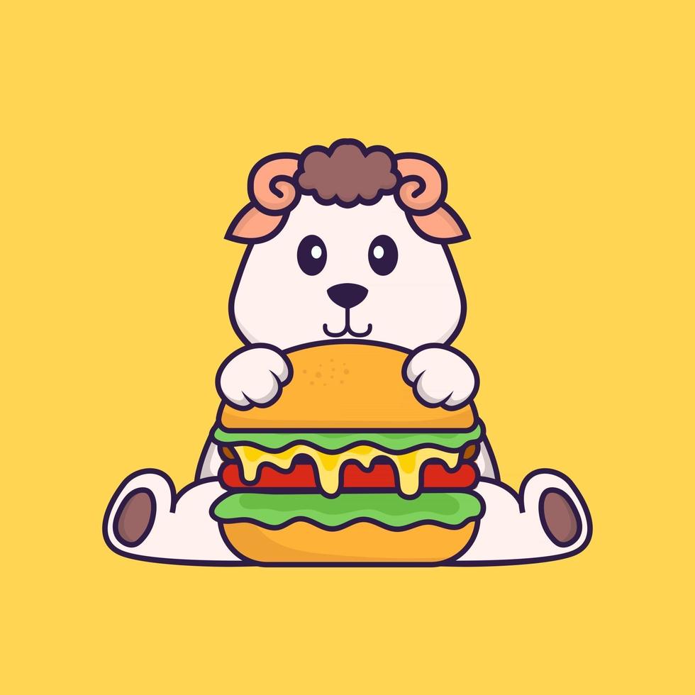 mouton mignon mangeant un hamburger. concept de dessin animé animal isolé. peut être utilisé pour un t-shirt, une carte de voeux, une carte d'invitation ou une mascotte. style cartoon plat vecteur