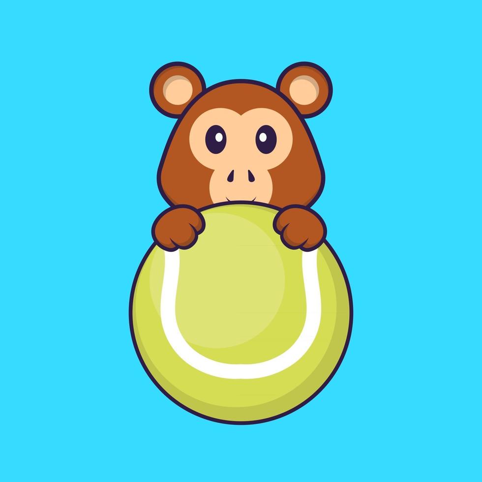 singe mignon jouant au tennis. concept de dessin animé animal isolé. peut être utilisé pour un t-shirt, une carte de voeux, une carte d'invitation ou une mascotte. style cartoon plat vecteur