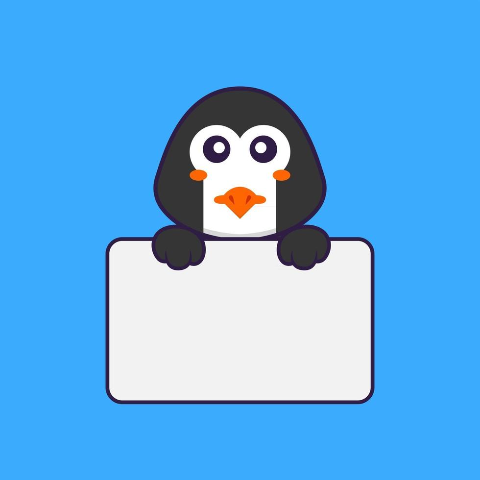 pingouin mignon tenant un tableau blanc. concept de dessin animé animal isolé. peut être utilisé pour un t-shirt, une carte de voeux, une carte d'invitation ou une mascotte. style cartoon plat vecteur