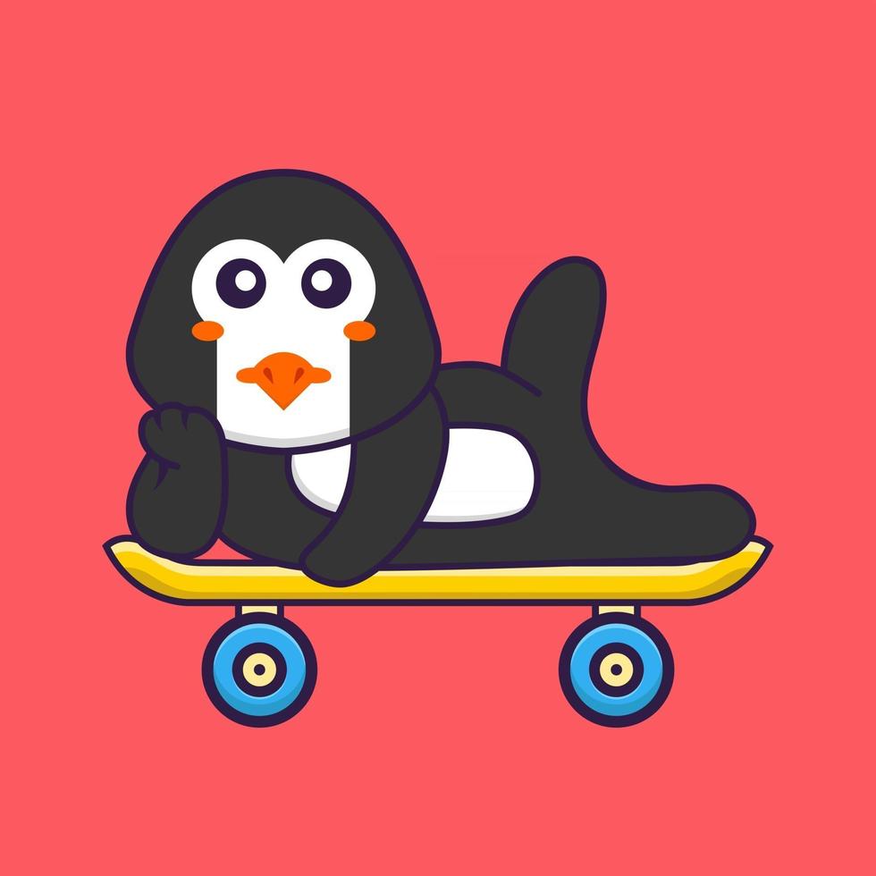 pingouin mignon allongé sur une planche à roulettes. concept de dessin animé animal isolé. peut être utilisé pour un t-shirt, une carte de voeux, une carte d'invitation ou une mascotte. style cartoon plat vecteur