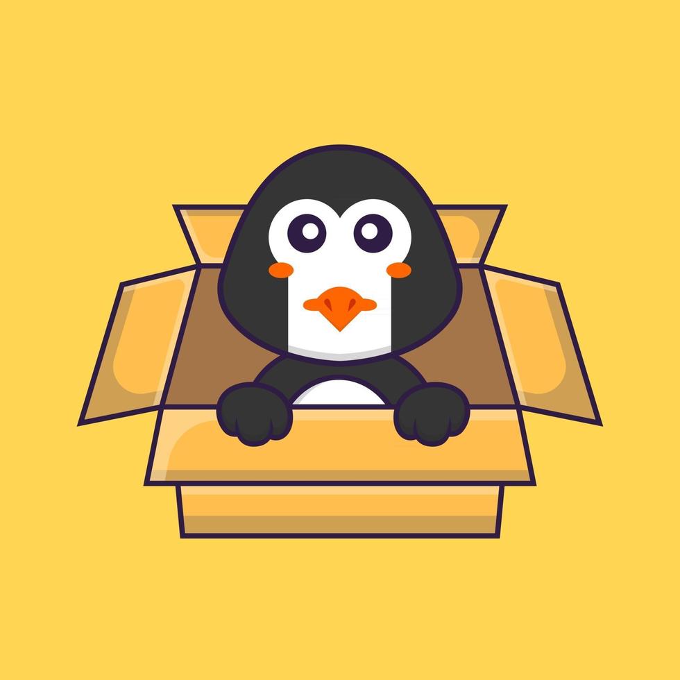pingouin mignon jouant dans la boîte. concept de dessin animé animal isolé. peut être utilisé pour un t-shirt, une carte de voeux, une carte d'invitation ou une mascotte. style cartoon plat vecteur