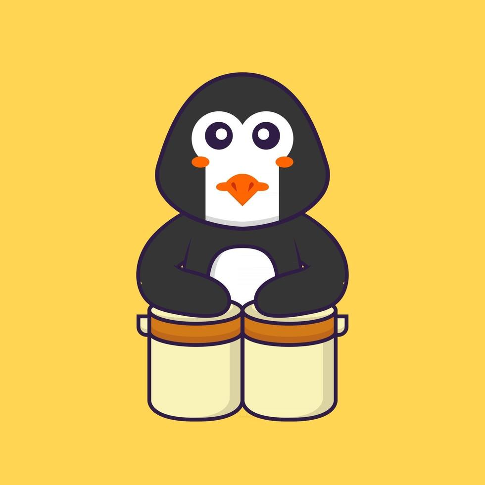 le pingouin mignon joue de la batterie. concept de dessin animé animal isolé. peut être utilisé pour un t-shirt, une carte de voeux, une carte d'invitation ou une mascotte. style cartoon plat vecteur