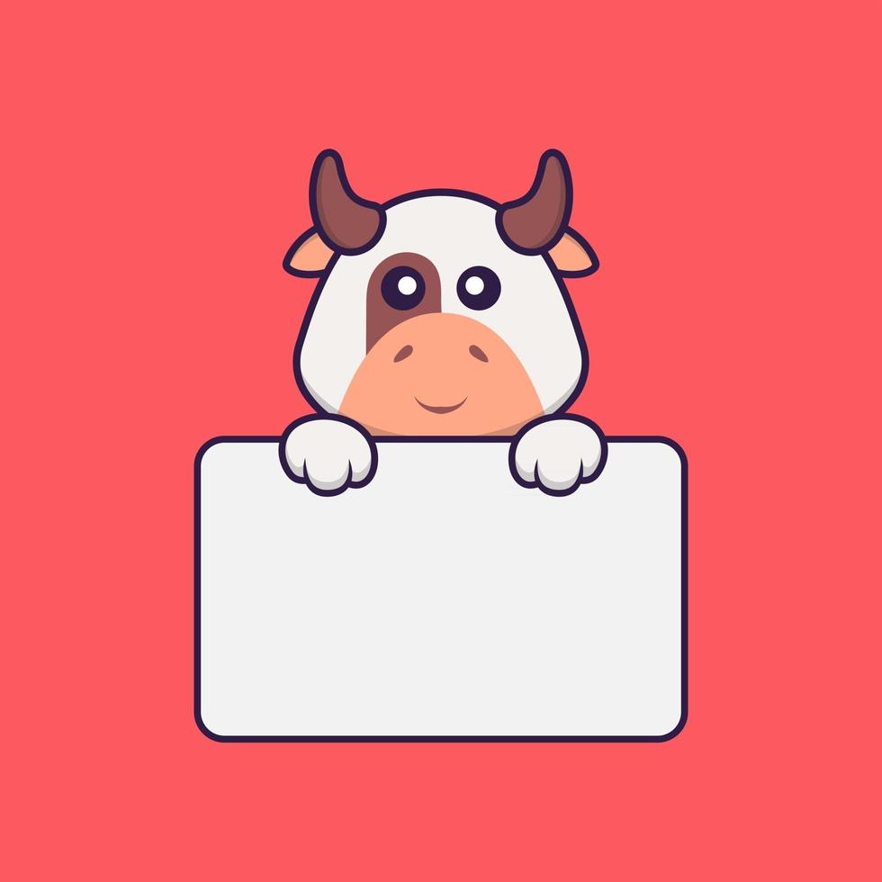 vache mignonne tenant un tableau blanc. concept de dessin animé animal isolé. peut être utilisé pour un t-shirt, une carte de voeux, une carte d'invitation ou une mascotte. style cartoon plat vecteur