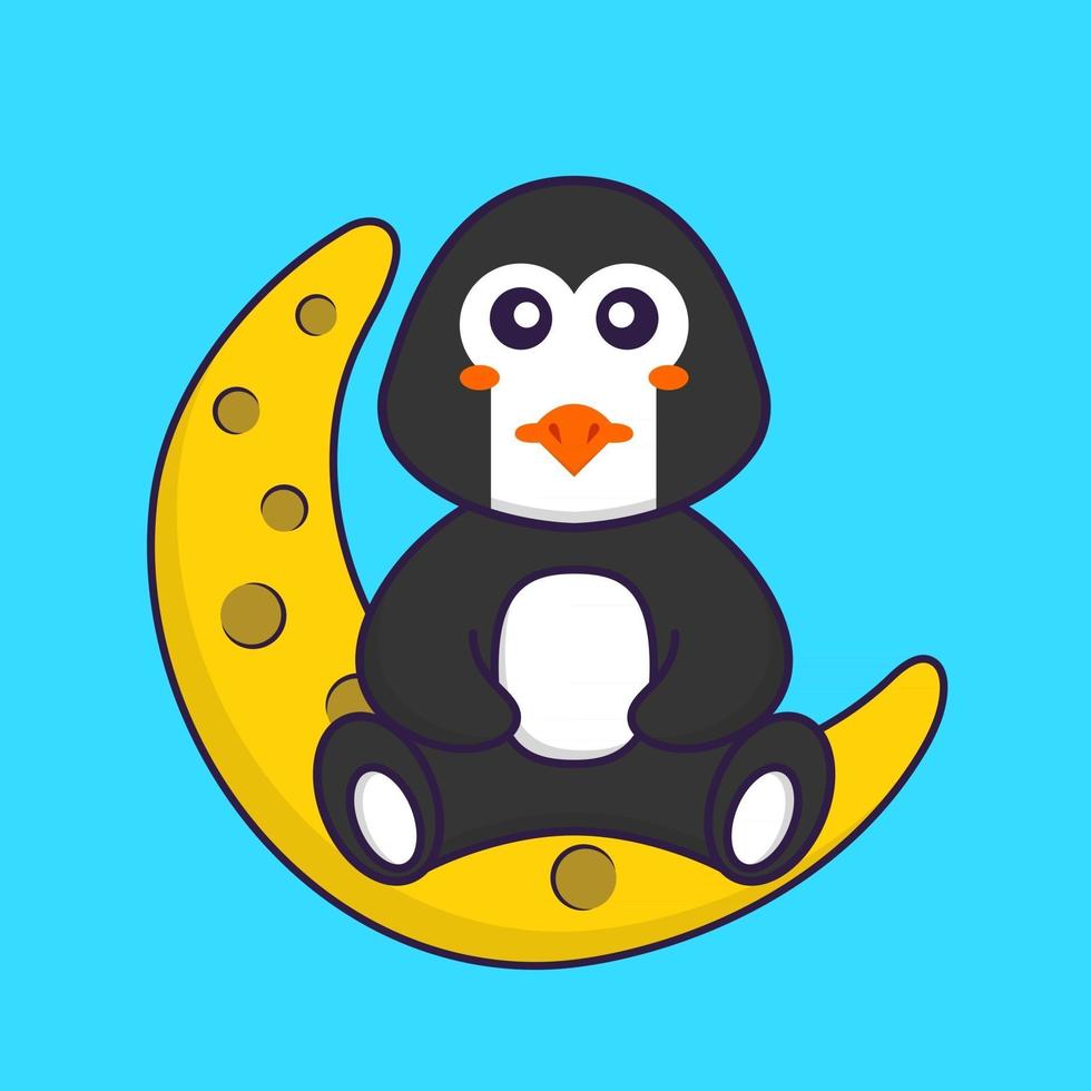 le pingouin mignon est assis sur la lune. concept de dessin animé animal isolé. peut être utilisé pour un t-shirt, une carte de voeux, une carte d'invitation ou une mascotte. style cartoon plat vecteur