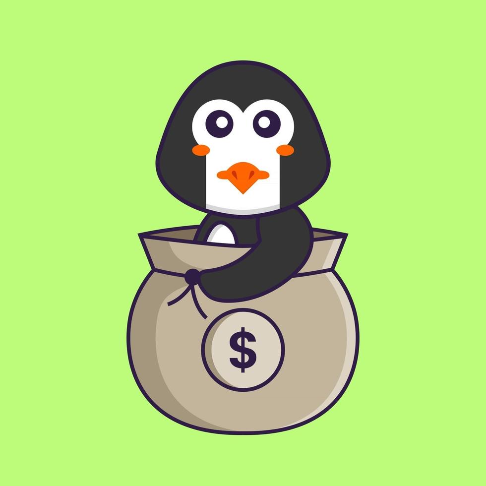 pingouin mignon dans un sac d'argent. concept de dessin animé animal isolé. peut être utilisé pour un t-shirt, une carte de voeux, une carte d'invitation ou une mascotte. style cartoon plat vecteur