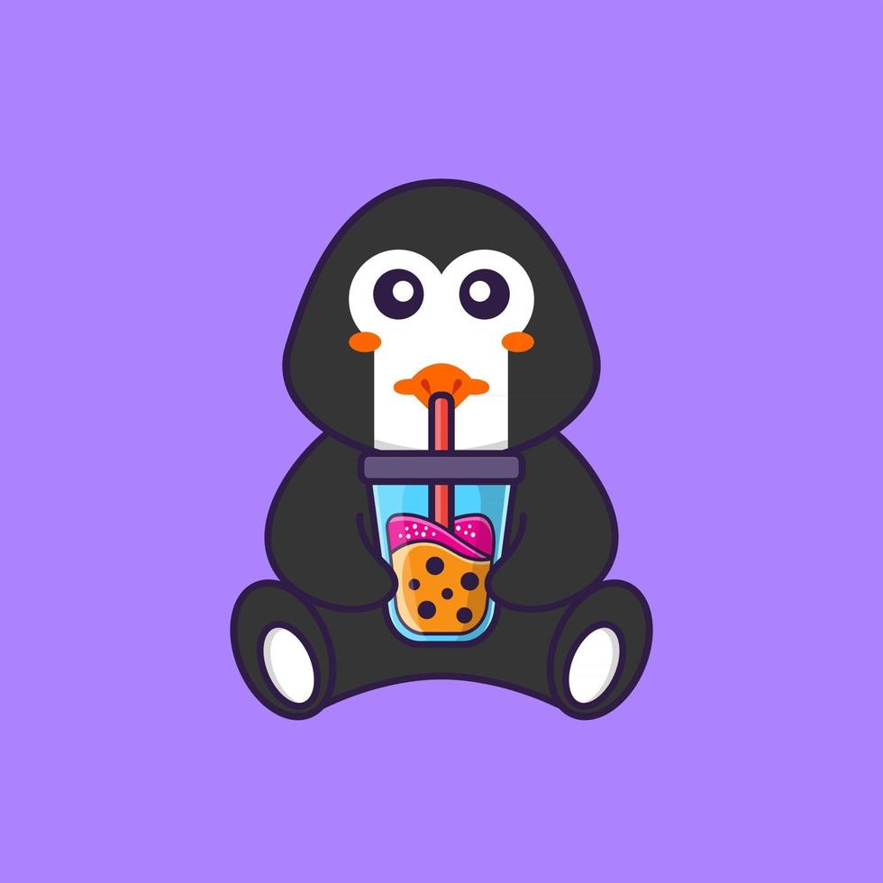 pingouin mignon buvant du thé au lait boba. concept de dessin animé animal isolé. peut être utilisé pour un t-shirt, une carte de voeux, une carte d'invitation ou une mascotte. style cartoon plat vecteur