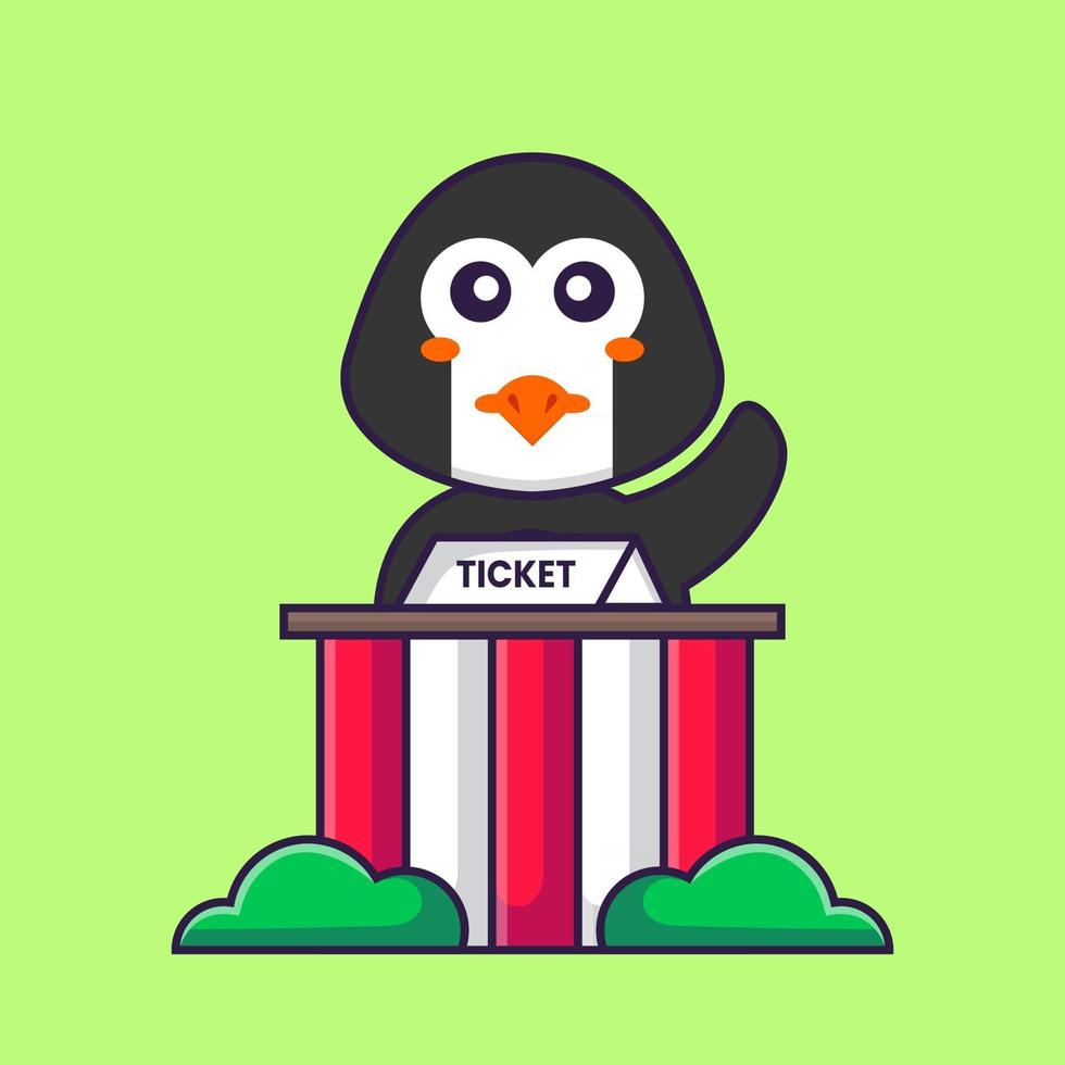 le pingouin mignon est un gardien de billets. concept de dessin animé animal isolé. peut être utilisé pour un t-shirt, une carte de voeux, une carte d'invitation ou une mascotte. style cartoon plat vecteur