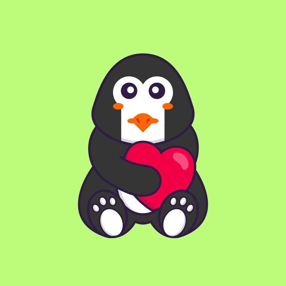 pingouin mignon tenant un gros coeur rouge. concept de dessin animé animal isolé. peut être utilisé pour un t-shirt, une carte de voeux, une carte d'invitation ou une mascotte. style cartoon plat vecteur