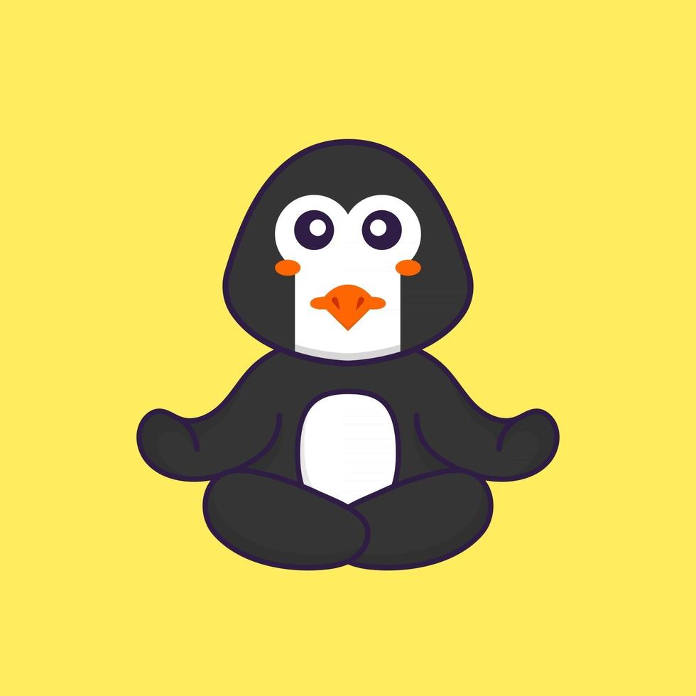 le pingouin mignon médite ou fait du yoga. concept de dessin animé animal isolé. peut être utilisé pour un t-shirt, une carte de voeux, une carte d'invitation ou une mascotte. style cartoon plat vecteur